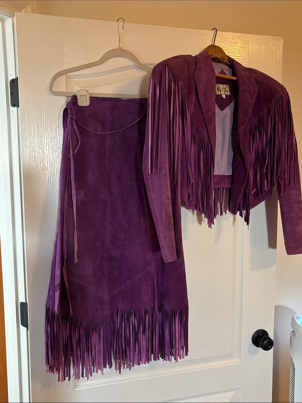 Vintage Purple Suede Fringe Wrap Skirt - Women's crop jacket set